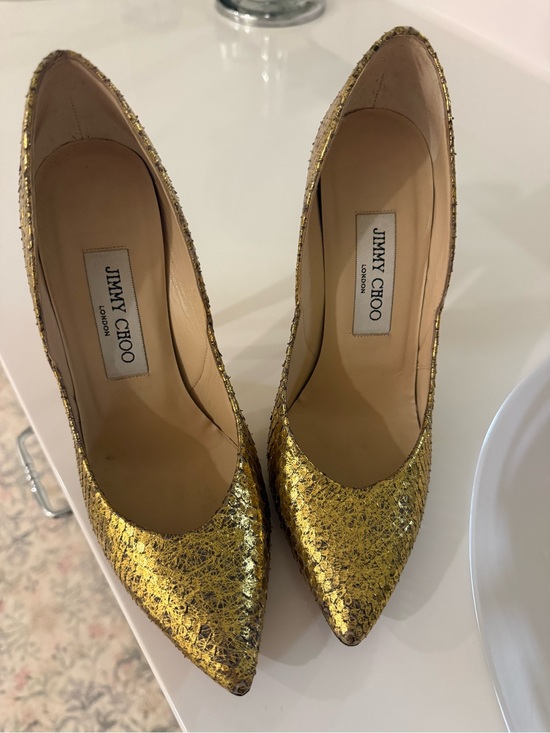 Jimmy Choo Shoes - Jimmy Choo Gold Textured Pointed-Toe Pumps